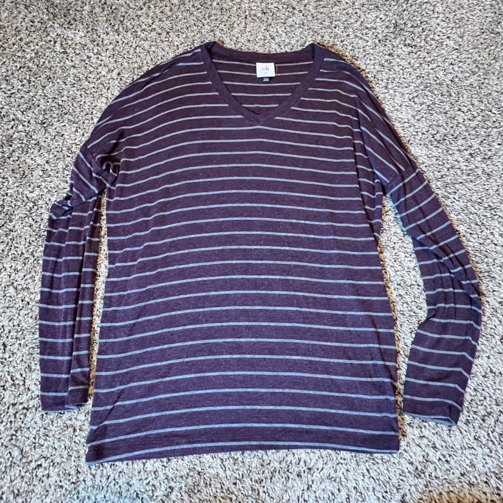 Cabi Womens Striped V-Neck Long Sleeve Relaxed Fit Top Purple Grey 3998 XS
